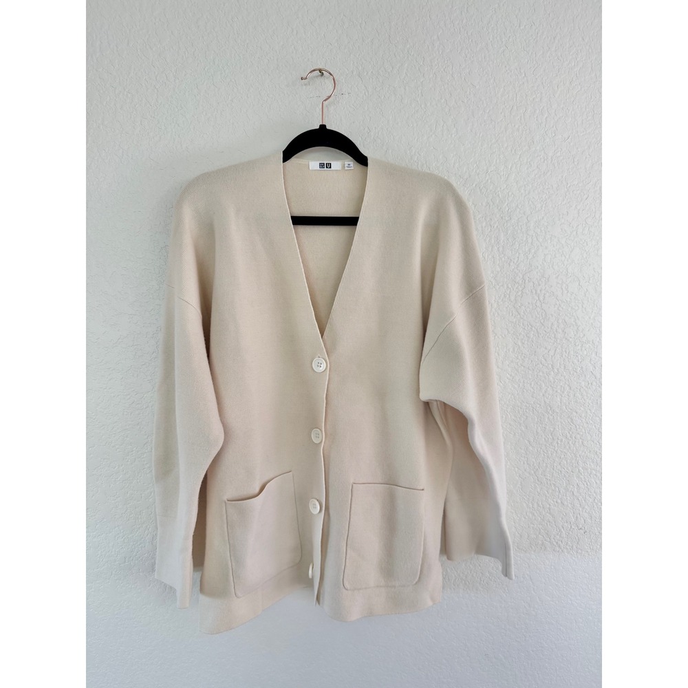 Uniqlo U Womens Oversized V-Neck Cardigan Cream Off-White Knit XS Relaxed Fit